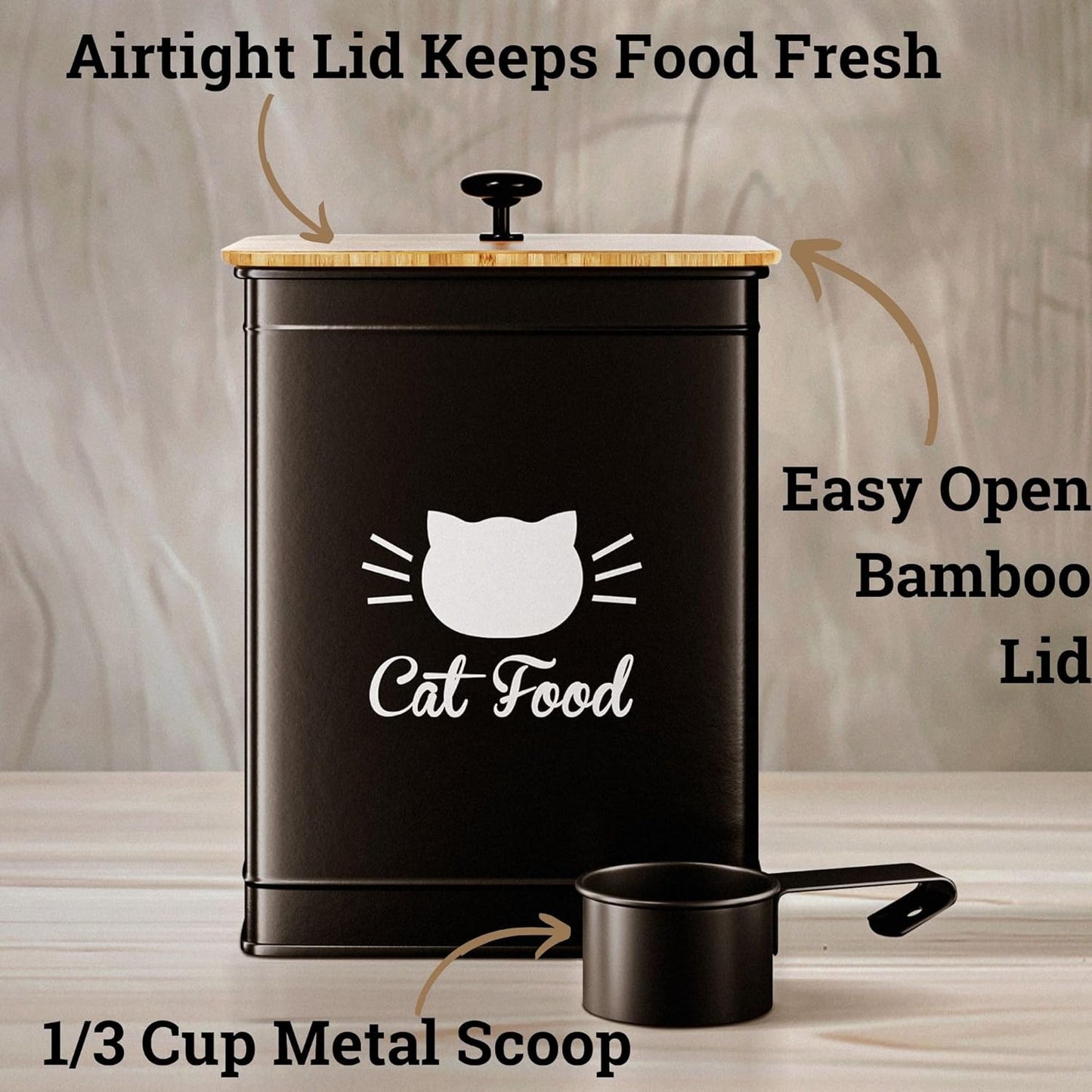 Cat Food Storage Container with Scoop - 5-7 lb (25 Cup) Capacity Metal Cat Food Container with Airtight Bamboo Lid and Metal Scoop - Airtight Pet Food Storage Containers 5 lb - 7 lb Kibble Container