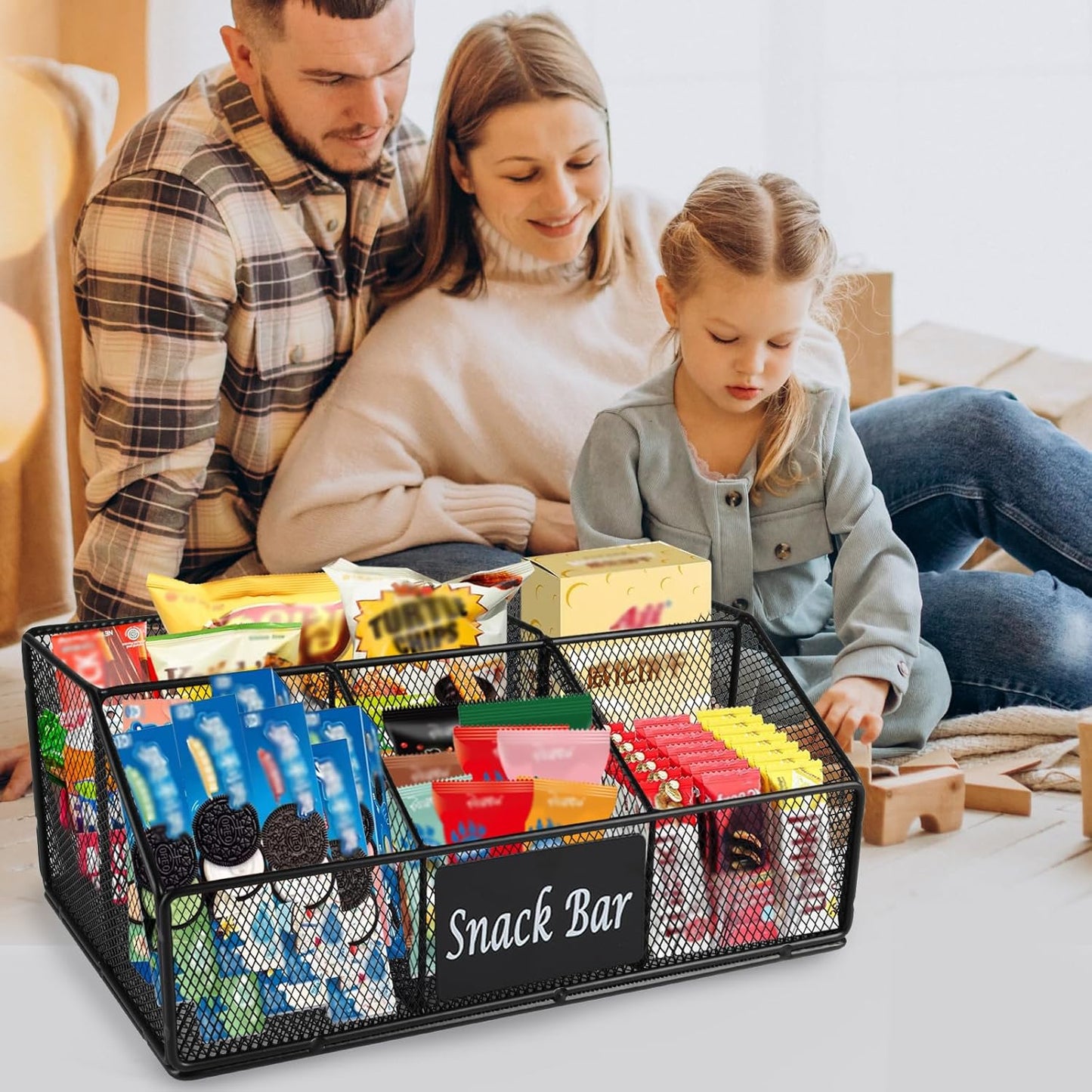 Metal Wire Snack Display Baskets,5-Compartment Snacks Storage Bin for Countertop,Office,Party,Bedroom,Kitchen,Pantry Shelf,Snacks Cabinet Dispenser Caddy for Chips,Packets