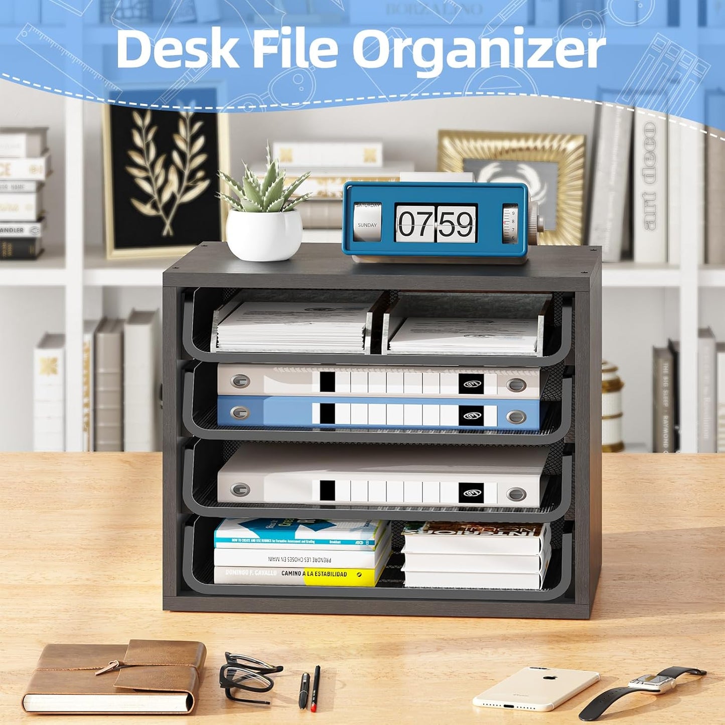 Simple Trending Desk File Organizers, 4-Tier Letter Tray Paper Organizer with File Holder, Wooden Paper Sorter for Office Supplies, Black