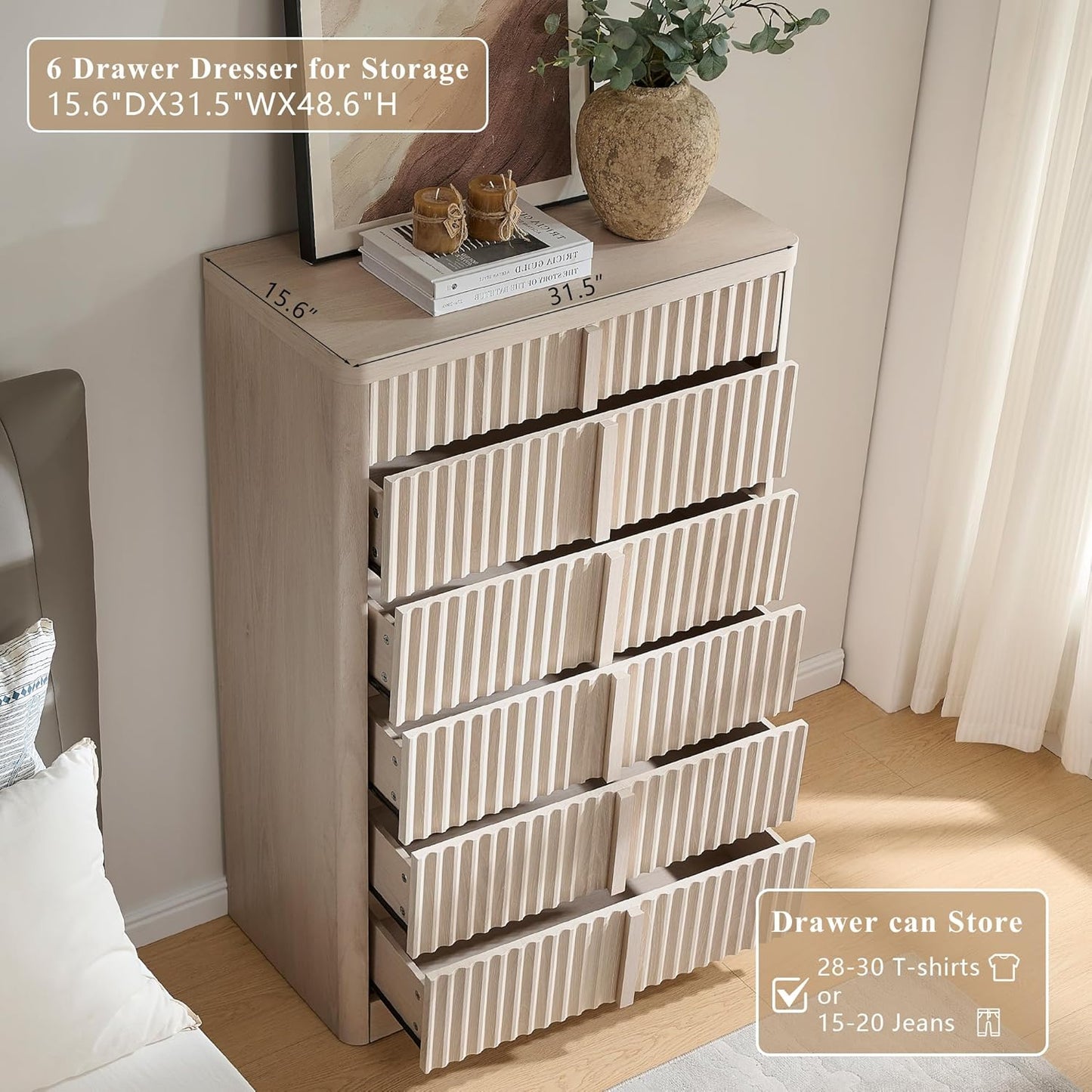Fluted Dresser for Bedroom, Chest of Drawers, 48" Tall 6 Drawer Dresser, Curved Profile Design, Modern Wooden Chest of Drawers with Solid Wood Handle for Living Room, Bedroom, Hallway