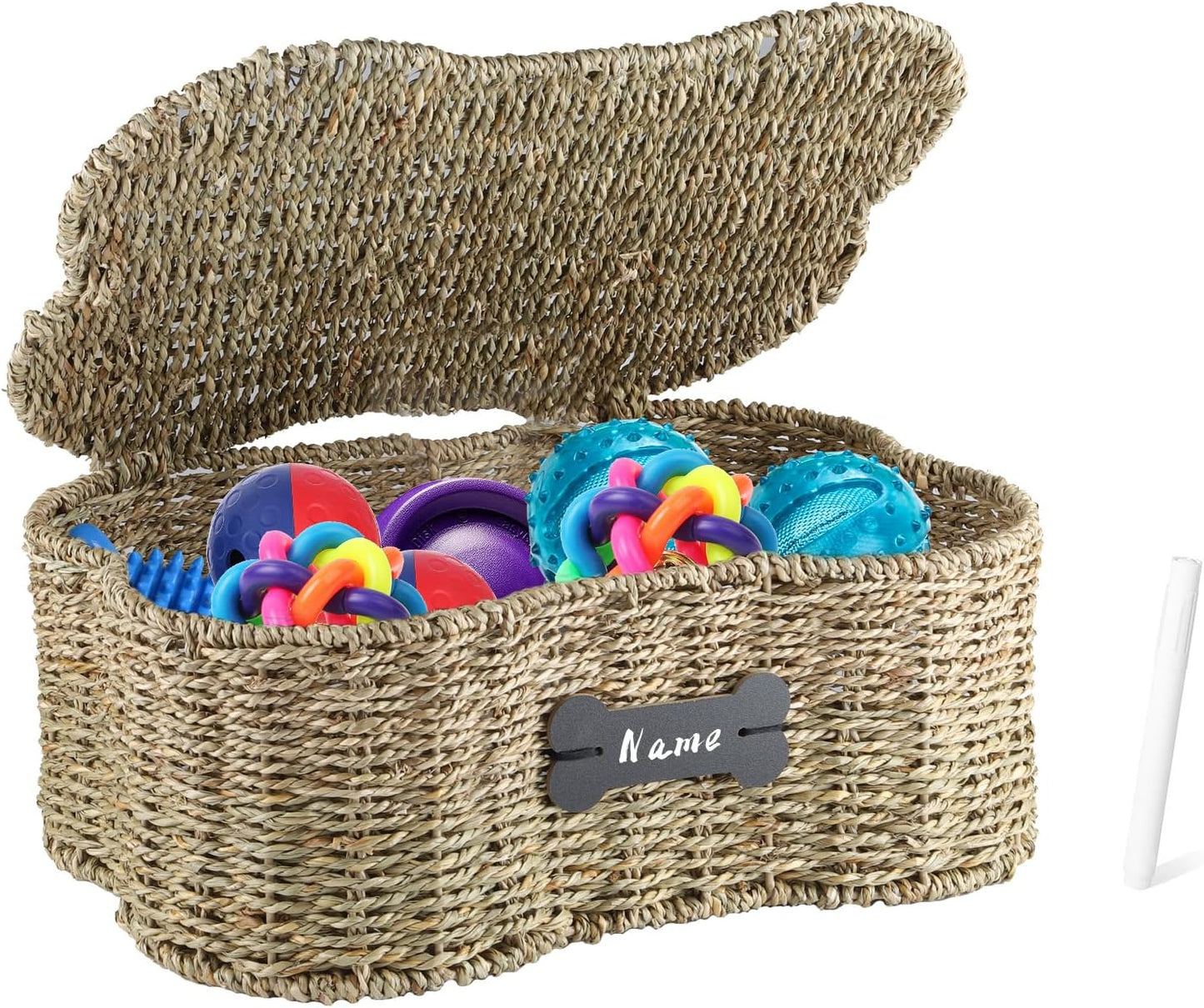 Seagrass Wicker Baskets for Dog Toys,Bone Shaped Dog Toy Bin with Lid,Personalized Dog Toy Organizer Boxes for Living Room,Farmhouse Handmade Pet Dog Storage,Dog Stuff Organizer