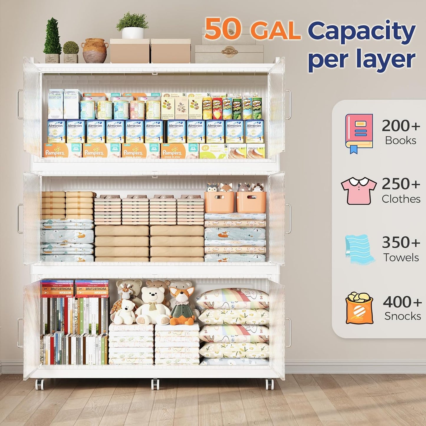 50GAL Extra Large Storage Bins with Lid, 200QT Collapsible Organizer with Wheels, Stackable Closet Cabinet with Doors, Folding Storage Containers for Home, Office, Kitchen, 1Pack White