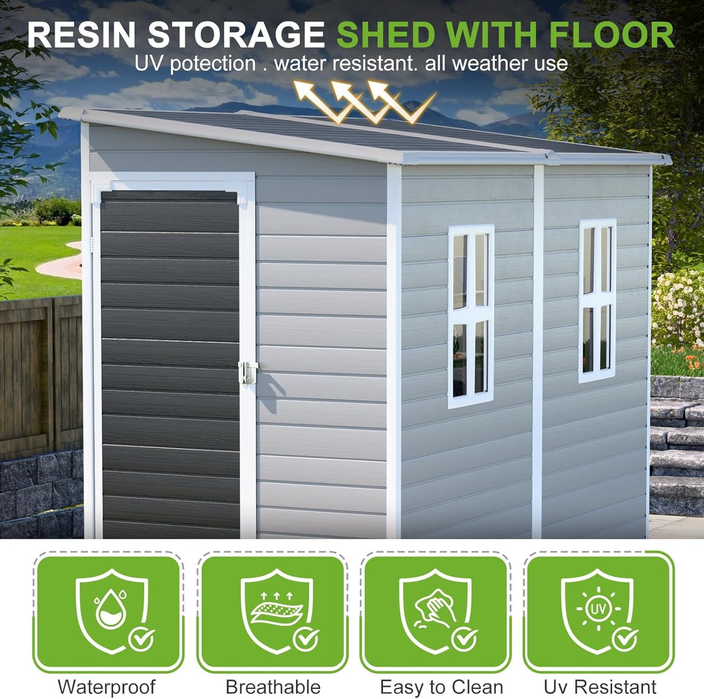 4x8 FT Lean-to Resin Shed with Floor Included, Waterproof Plastic Storage Cabinet, Garden Tool Sheds for Outdoor Wall