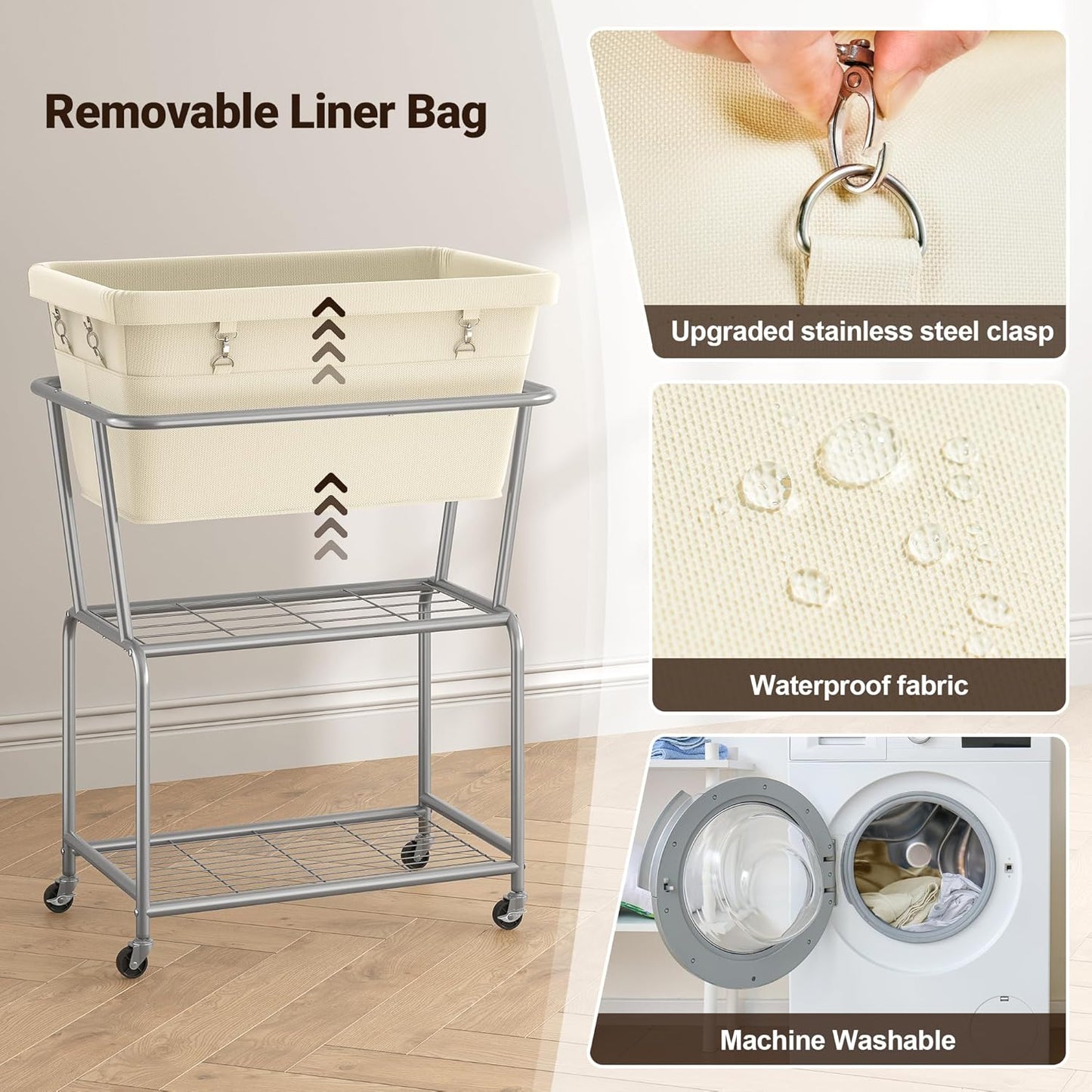 ELYKEN Laundry Cart with Wheels, Rolling Laundry Hamper with Removable Bag and Shelf, Metal Frame Laundry Basket with 4 Casters and 2 Brakes, Ideal for Bedroom, Bathroom, Laundry Room, Cream