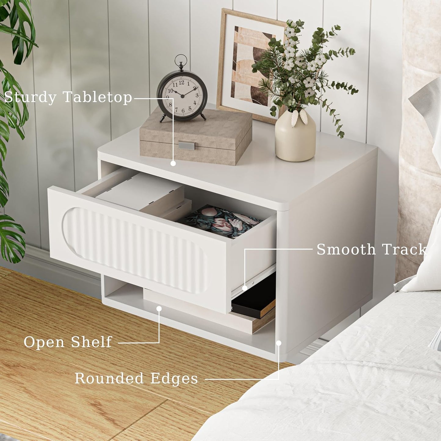 Floating Nightstands with Drawer Set of 2, Modern Wall Mounted Bedside Tables for Bedroom, Space Saving Storage Cabinets, Easy Install Hanging Shelf Night Stands for Small Spaces (White)