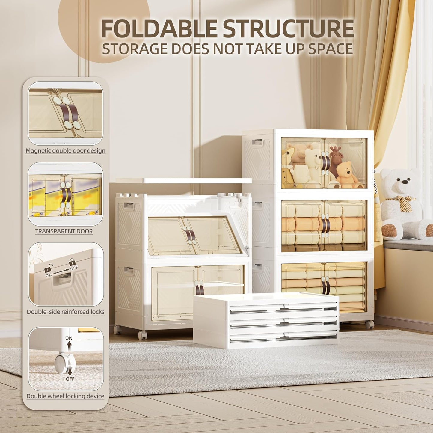 200 QT / 50 Gal Extra Wide Foldable Plastic Cabinet with Double Magnetic Doors & Leather Handles - Stackable, 4 Locking Wheels, Space Saving Storage for Small Spaces