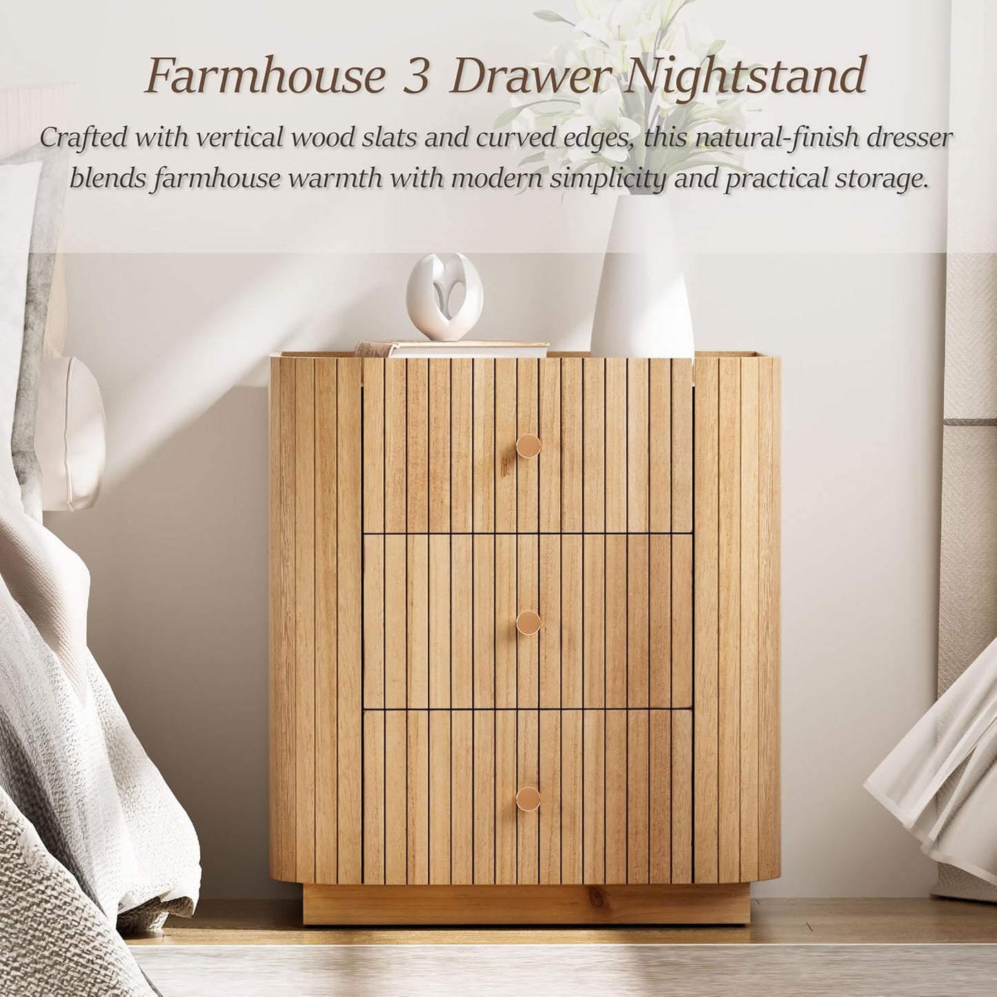 COZAYH Farmhouse 3 Drawer Wood Nightstand with Vertical Slatted Wood, Rustic Curved Edge Dresser with Metal Handles, Modern Design Bed Side Table with Recessed Tray Top for Bedroom, Office (Natural)