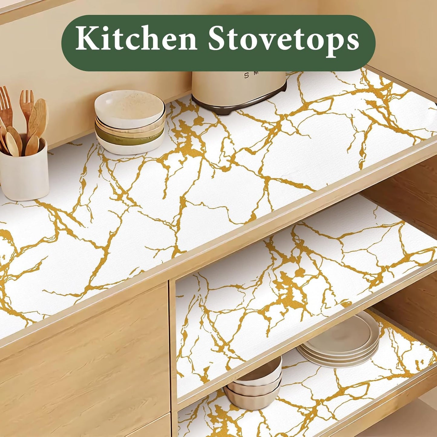 Drawer and Shelf Liner for Kitchen Cabinet Non Slip Waterproof Shelf Paper 23.6 in X 30 Ft Non Adhesive Refrigerator Liners Gold White Marble Easy Liners for Bathroom Cupboard