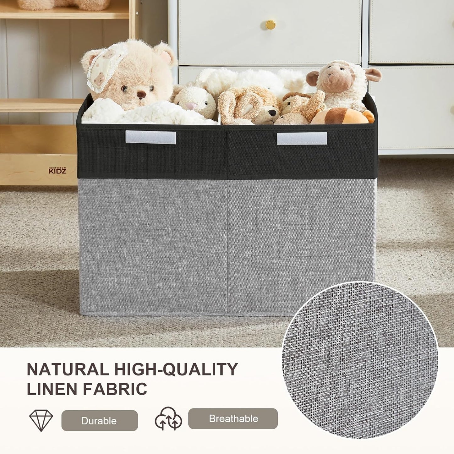 Large Toy Box with Flip-Top Lid, Collapsible Storage Organizer Bins with Dividers and Handles, Kids Bin Chest Baskets for Toys, Playroom Organizers, Nursery 25"x13" x16" (Balck & Gray)