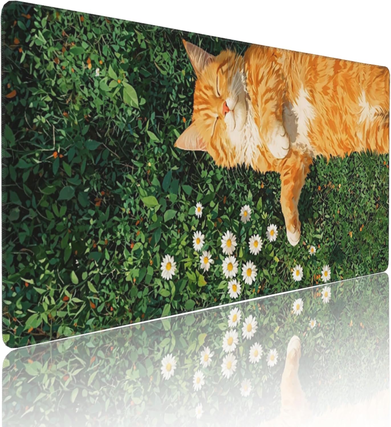 Cozy Cat Large Mouse Pad, Grass Daisy Gaming Desk Mat, XXL Keyboard Desk Pad Mat for Desktop, 35.4"x15.7" Non-Slip Base Big Mousepad with Stitched Edges