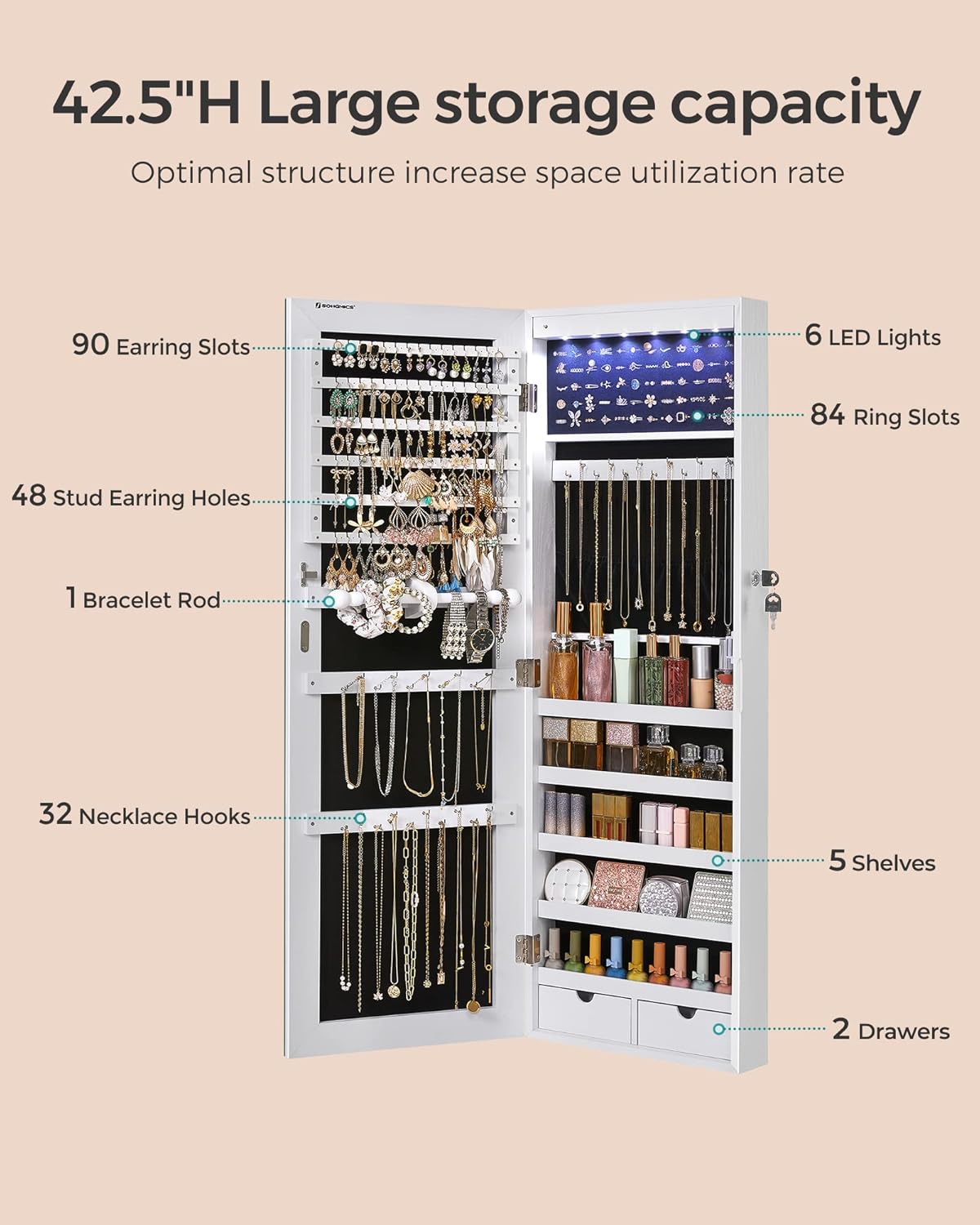 SONGMICS Hanging Jewelry Cabinet, Wall-Mounted Cabinet with LED Interior Lights, Door-Mounted Jewelry Organizer, Full-Length Mirror, Christmas Gift Idea, White UJJC99WT