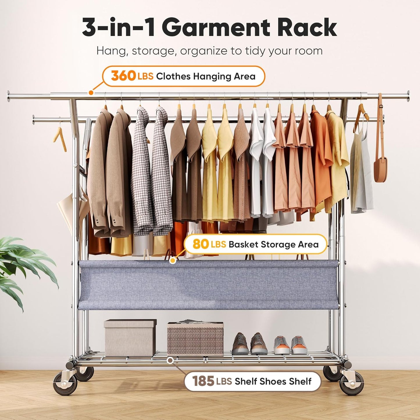 HOKEEPER Clothing Rack Heavy Duty Clothes Rack for Hanging Clothes Load 625LBS Extendable Double Rod Clothes Rack, Adjustable Rolling Garment Rack with Wheels, Basket & Shelves 71.2''W*23.6''D*68.5''H