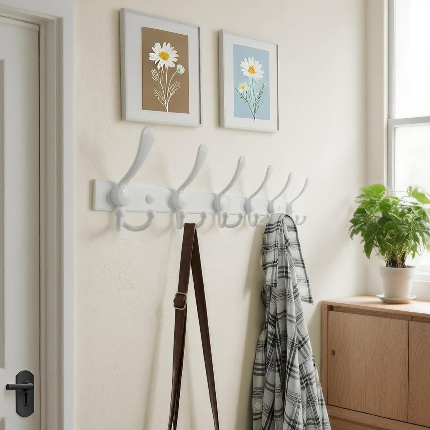 Dseap Coat Rack Wall Mount 2.0 Pro: 24” Long, 3X Tougher, Heavy Duty Stainless Steel Wall Coat Hanger with 6 Tri Hooks for Clothes Jackets Hats Entryway Closet, White, Pack of 2