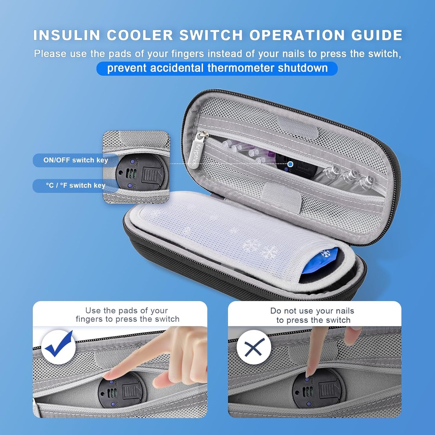 Krypthos Insulin Cooler Travel Case with Thermometer Temperature Display for Diabetic Care Storage, Refrigerated Medicine Organizer Bag with 2 TSA Approved Medication Cooler Ice Pack for Daily Trip