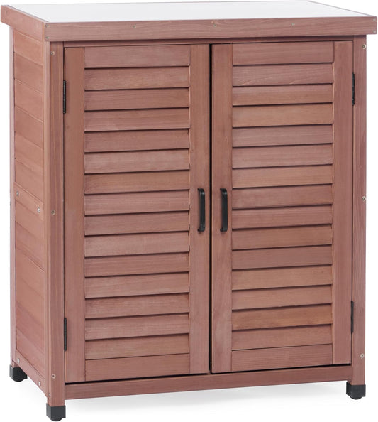 Outdoor Potting Bench with Storage Cabinet and Metal Top, Wood Workstation for Outdoor Patio, Garden (Dark Brown, 31x17x36‘’)