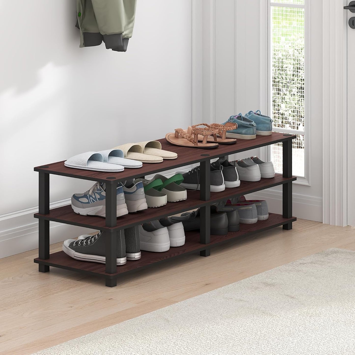 Furinno TURN-S-TUBE Shoe Rack, 3-Tier Shoe Organizer, Shoe Storage Rack with No Tools Assembly, 11.6 x 47.2 x 15.4, for Closet Entryway, Office, Garage, Dark Cherry/Black