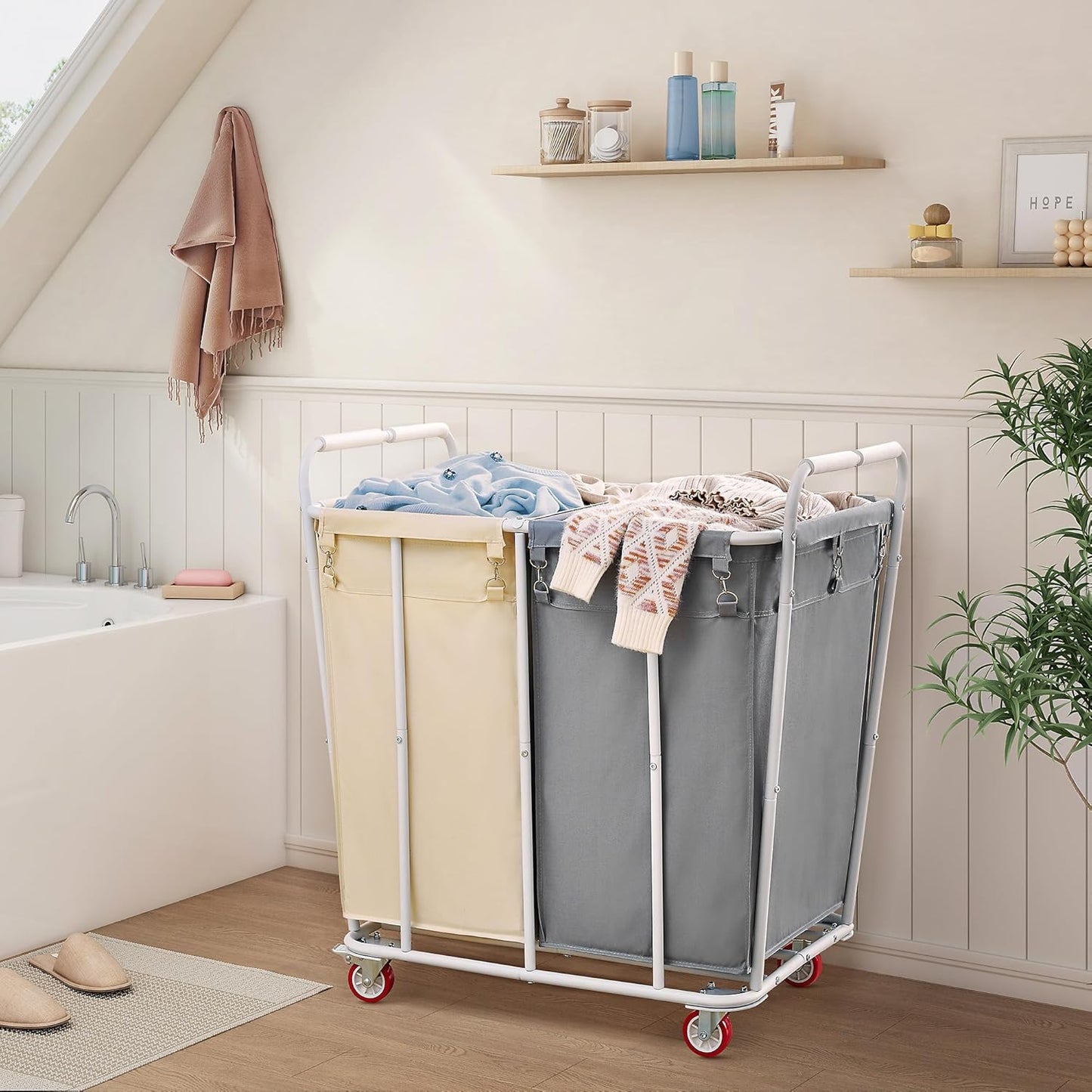 Hoctieon 2 Section Laundry Sorter Cart, 400L Rolling Hamper with Wheels, Industrial Laundry Basket Organizer, Extra Large Dirty Clothes Hamper for Home & Hotel, Heavy Duty, Gray+Beige