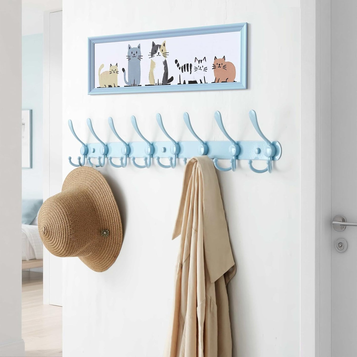 Dseap Coat Rack Wall Mount - 29.5” Long 8-Tri-Hooks Heavy Duty Coat Hanger Rail Wall Hooks for Hanging Coats Hats Clothing Clothes Purse Mudroom Entryway, Blue