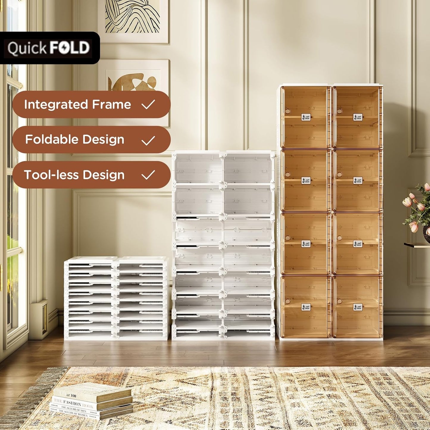 ANTBOX Shoe Organizer Storage Box, Portable Folding Shoe Rack For Closet With Magnetic Clear Door,Large Sneaker Cabinet Bins Sturdy Easy Assembly 8 Layers-16 Grids