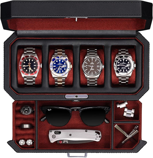 ROTHWELL 4 Slot Leather Watch Box with Valet Drawer - Luxury Case Display Jewelry Organizer, Locking Display Case Holder with Real Glass Top - Watch Box Organizer for Men & Women (Red)