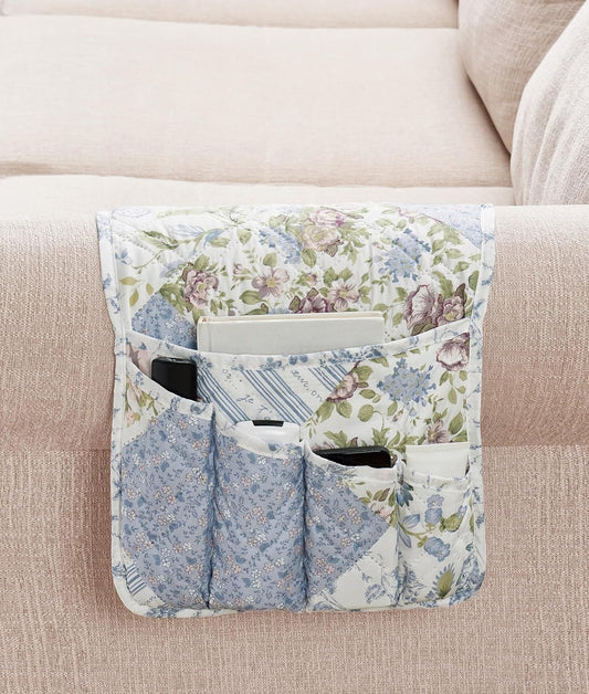 Brilliant Sunshine Blue Rose Patchwork Couch Armrest 5 Pockets Organizer, Slip Resistant Recliner Armchair Caddy, Washable Remote Controls Holder, Storage for Magazine, Tablet, Phone, iPad, Blue Rose