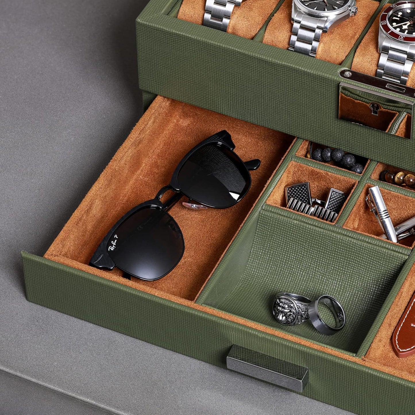 ROTHWELL 10-Slot Watch Box in Leather with Valet Drawer, Luxury Watch Case Display Organizer with Ultra Soft Microsuede Liner, Jewelry and Sunglass Holder With Large Glass top (Green/Tan)