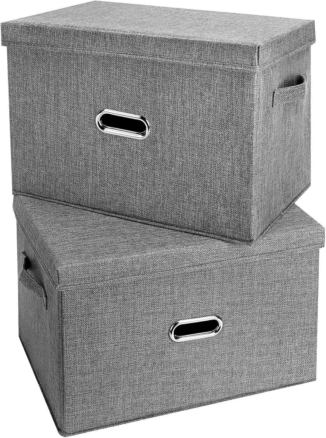 Large Linen Fabric Foldable Storage Bins with Removable Lid and Handles, Washable Storage Box Organizer Containers Baskets Cube with Cover for Bedroom,Closet,Nursery (Grey, Medium(2-Pack))