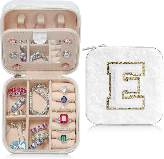 Parima Small Jewelry Box for Girls, Initial Jewelry Boxes for Girls | Small Jewelry Organizer | Travel Jewelry Case -Initial E-White