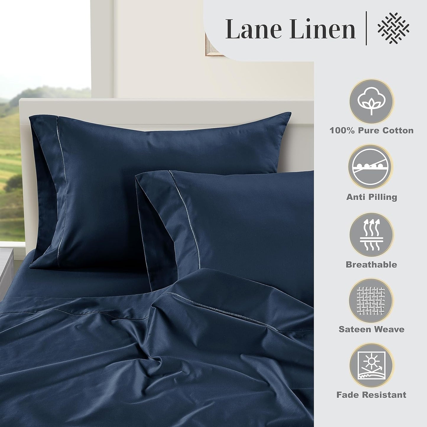 LANE LINEN Pillow Case Covers King, Set of 2, 100% Egyptian Cotton Sateen, Soft Cool & Smooth 1000 Thread Count Pillow Cases - Estate Blue