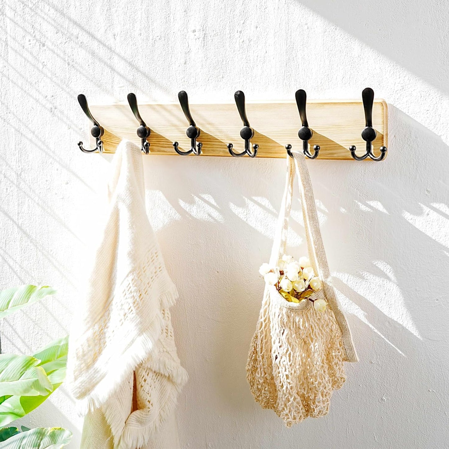 Dseap Coat Rack Wall Mounted - 24" Long 6 Tri Hooks, Heavy Duty Wooden Wall Coat Hanger Coat Hook for Clothes Hat Jacket Clothing, Weathered Light Natural and Black