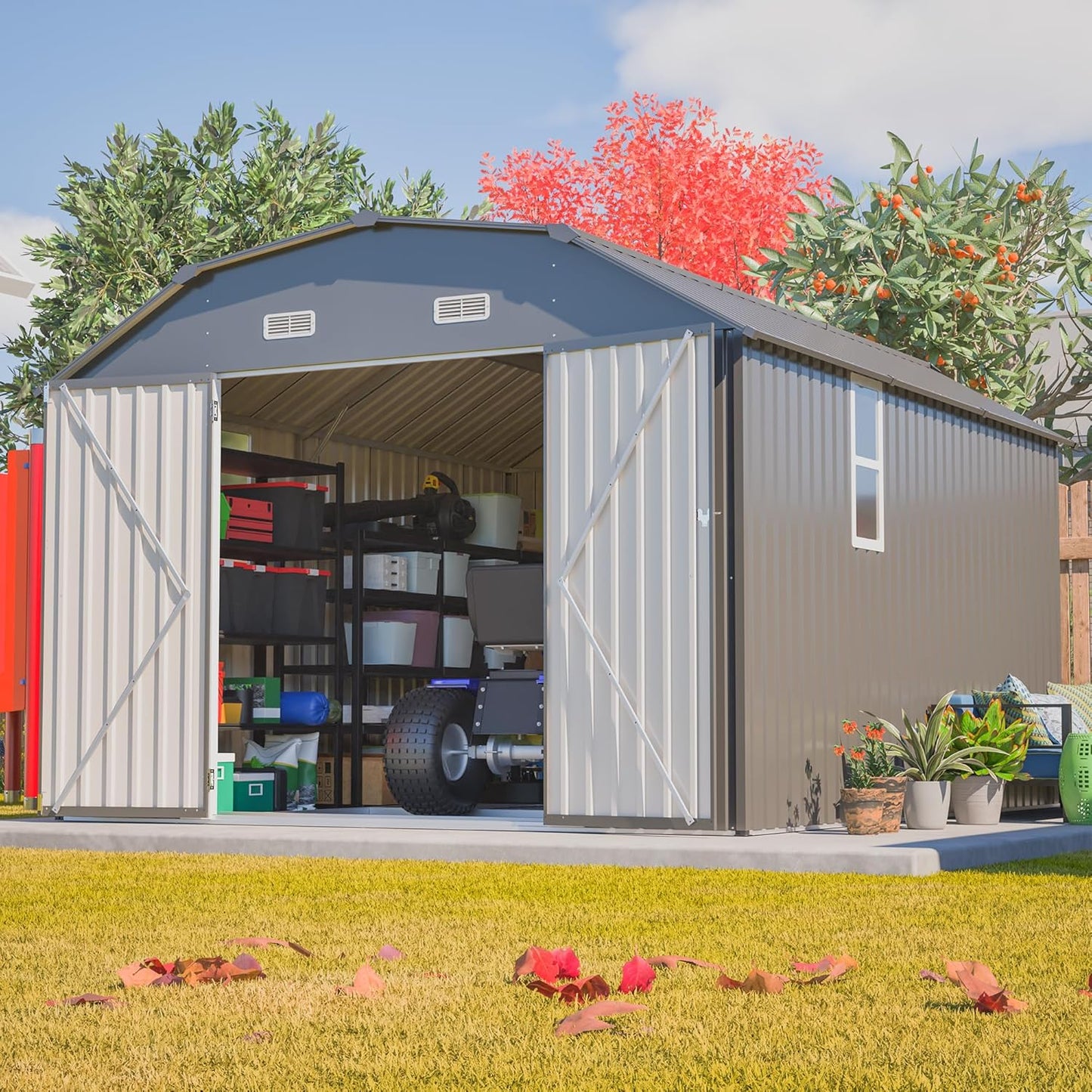 10x12 FT Metal Storage Shed with Floor Frame, Heavy-Duty Outdoor Storage Building with Diamond Roof, 4 Air Vents, Transparent Window & Lockable Double Doors, Snow-Resistant Backyard Garage Shed