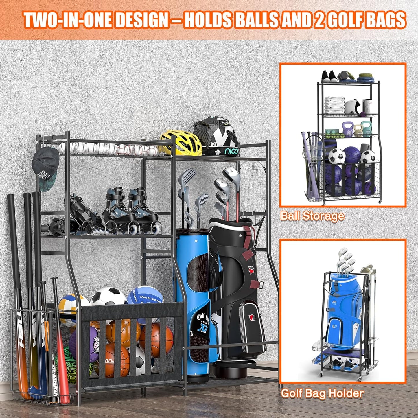 Ultrawall Golf Storage Organizer, Golf Bag Storage Stand for Garage, Golf Equipment Rack with Wheels Fits 2 Golf Bags and Golf Equipment Accessories