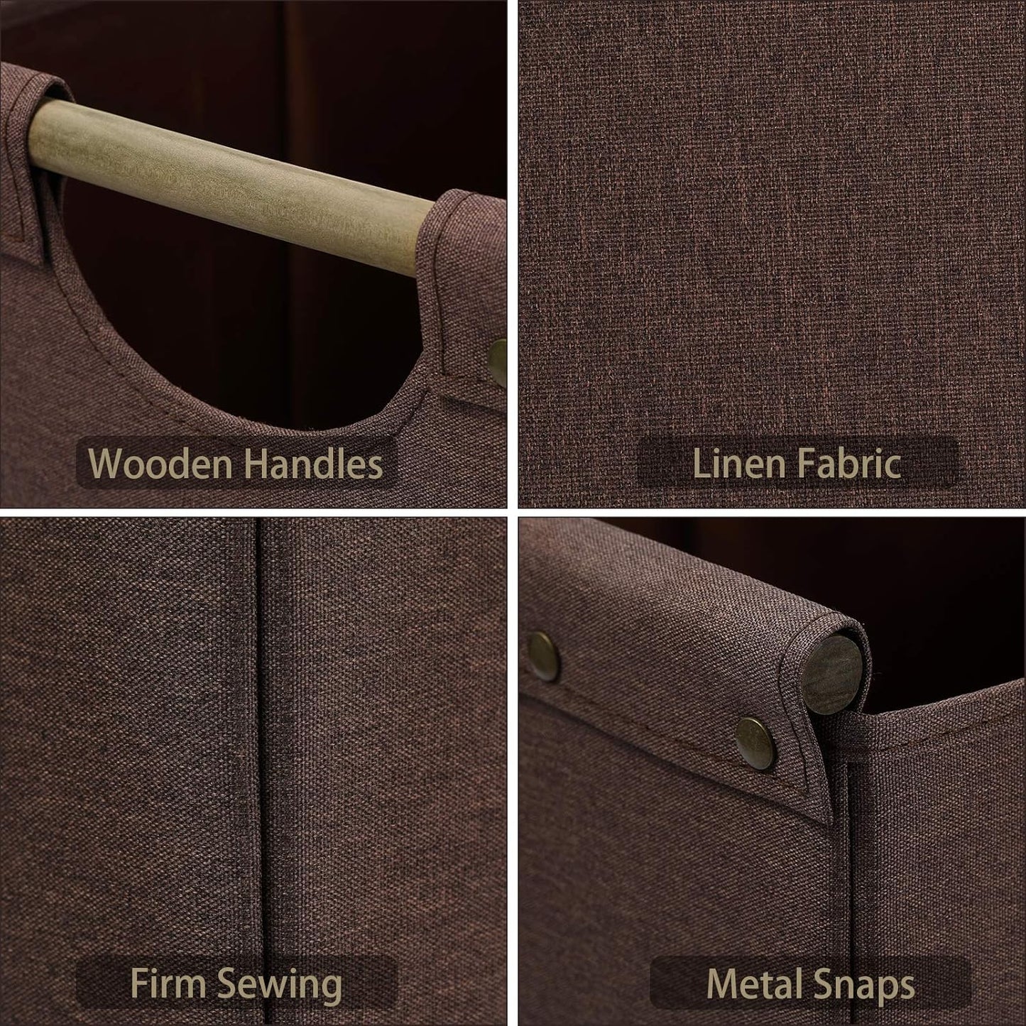 HOONEX Large Collapsible Storage Bins, Linen Fabric, 2 Pack, Storage Baskets with Wooden Carry Handles and Sturdy Heavy Cardboard, for Home, Office, Car, Nursery, Brown