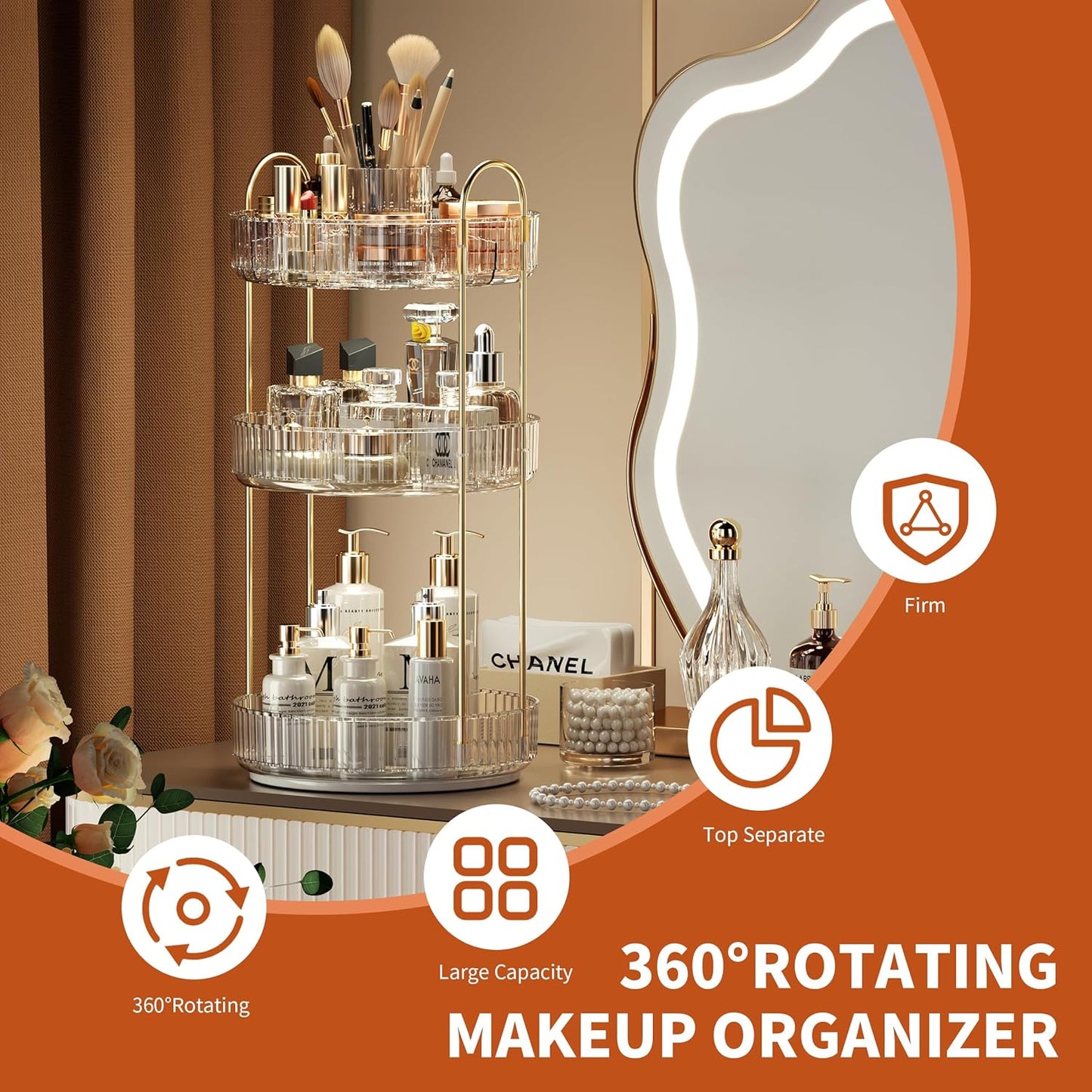YCIA&DONE Rotating Makeup Organizer for Vanity, Large Capacity Make Up Storage Skin care Shelf Perfume Holders Cosmetic Dresser Organizer Countertop Spinning 360 (White Clear, 3Tiers)