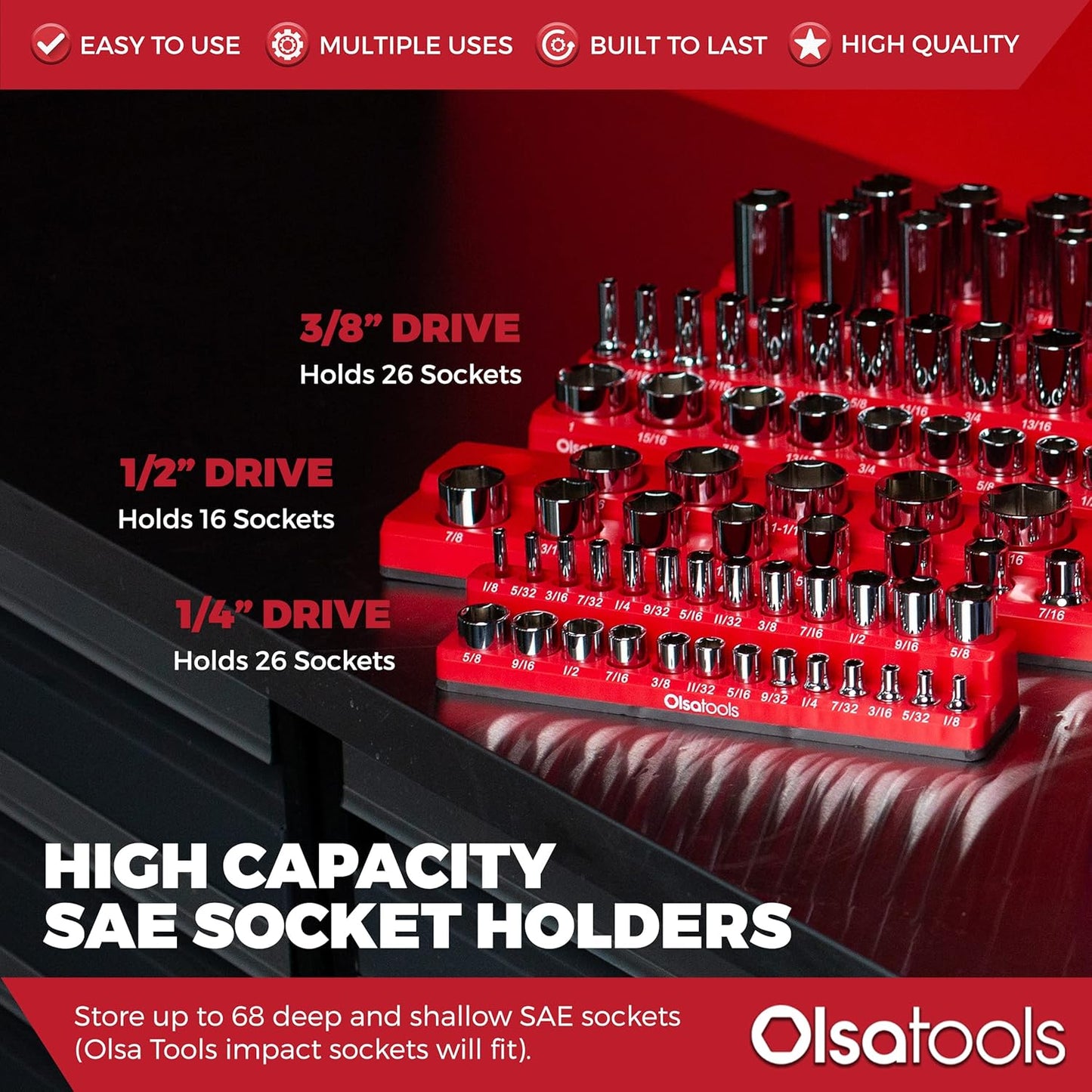 Olsa Tools Magnetic Socket Organizers | 3 Piece Set Socket Holder Kit | 1/2-Inch, 3/8-Inch, & 1/4-Inch Drive | SAE Red | Holds 68 Sockets | Professional Quality Tools Organizer Part 1150