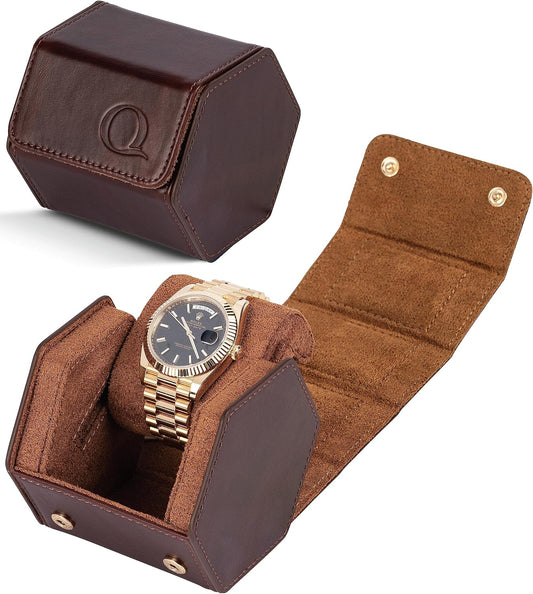 QWATCHBANDS Leather Watch Cases for Men - Hexagon Single & Double Watch Roll Travel Case - Genuine Napa Leather with Velvet Interior - Storage & Display Holder for 1 Watch or 2 Watches