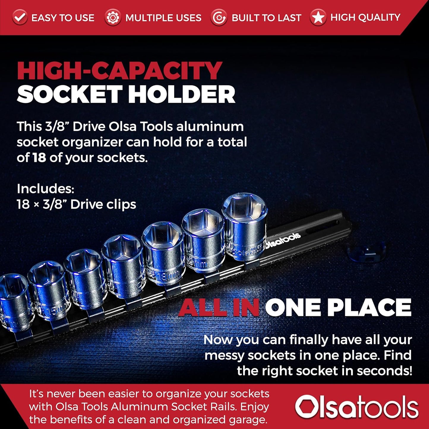 Olsa Tools Aluminum Socket Organizer with Locking End Caps - 3/8-Inch Drive - Black Socket Holder Rails for Chrome or Impact Sockets - Compact and Durable Socket Storage Solution - Part: 1179