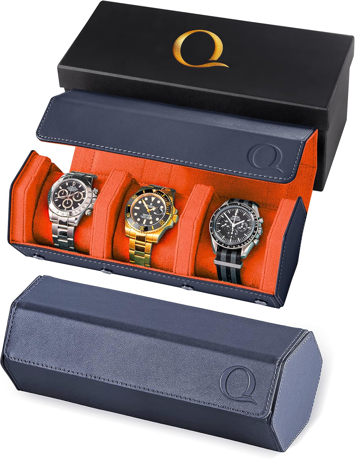 QWATCHBANDS Napa Leather Watch Rolls for Men - Hexagon Triple Watch Roll Travel Case for 3 Watches - Storage Organizer Genuine Leather with Velvet Interior Display (Blue/Orange)
