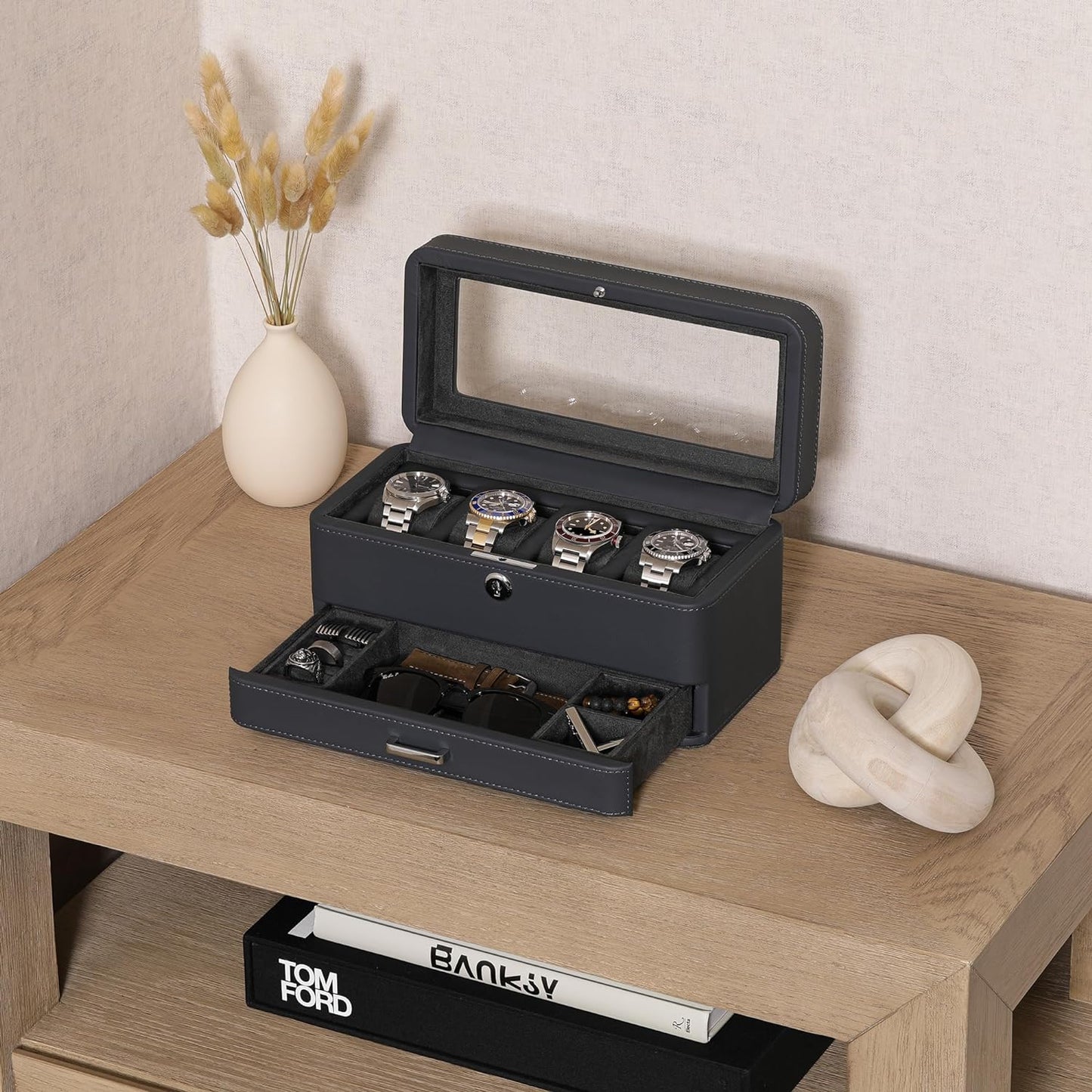 ROTHWELL 4 Slot Leather Watch Box with Valet Drawer - Luxury Case Display Jewelry Organizer, Locking Display Case Holder with Real Glass Top - Watch Box Organizer for Men & Women (Carbon)