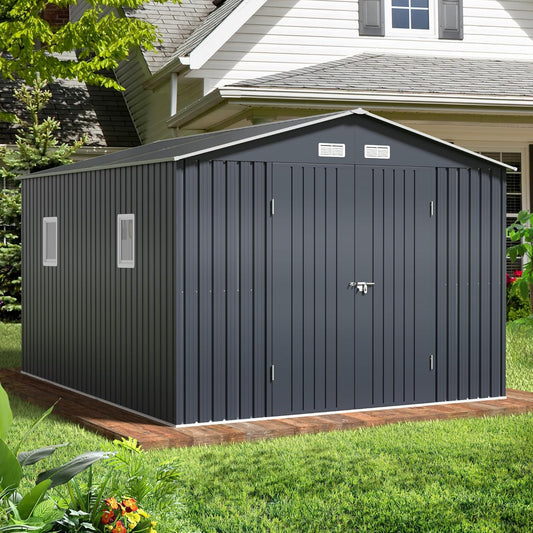 Breezz Outdoor Storage Shed 10 x 12 ft. Utility Tool Shed Metal Storage Garden Shed with Lockable Doors, Windows for Patio Storage, Nightblue