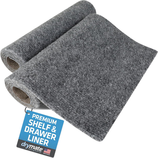 Drymate Premium Luxury Shelf & Drawer Liner, Thick Cushioned Fabric, Non-Adhesive, Absorbent, Waterproof, Slip-Resistant, Liners for Kitchen Cabinets (USA Made)(11”x36”)(2-Pack)(Light Grey Ridged)