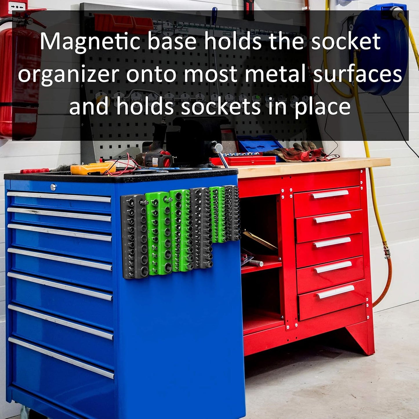 Olsa Tools Magnetic Socket Organizer | 3 Piece Socket Holder Kit | 1/2-Inch, 3/8-Inch, & 1/4-Inch Drive | SAE Green | Holds 68 Sockets | Professional Quality Tools Organizer