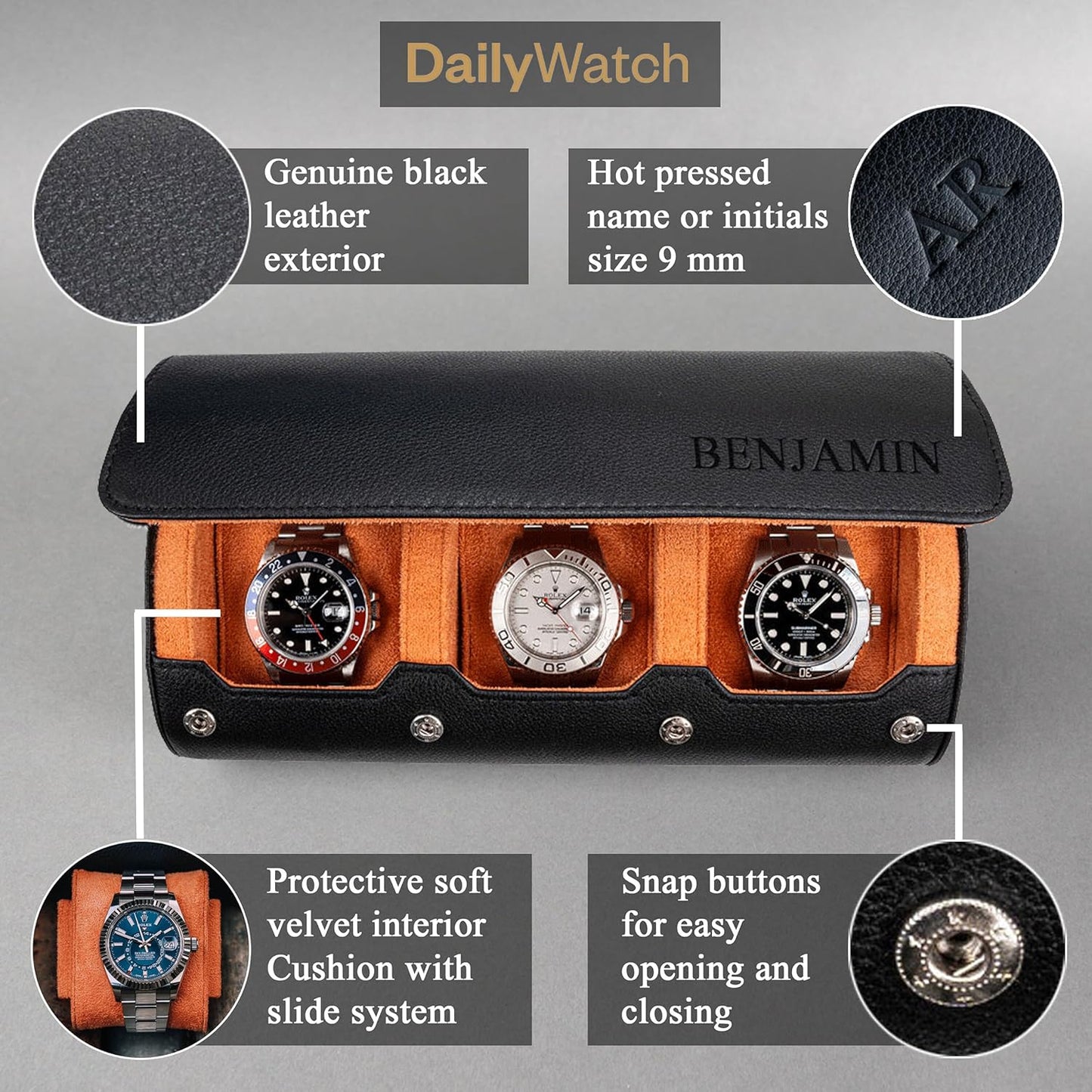 DailyWatch | Personalized Watch Roll Travel Case For 3 Watches - Handmade Genuine Leather Travel Case With Custom Engraving of Name or Initials - Black Orange