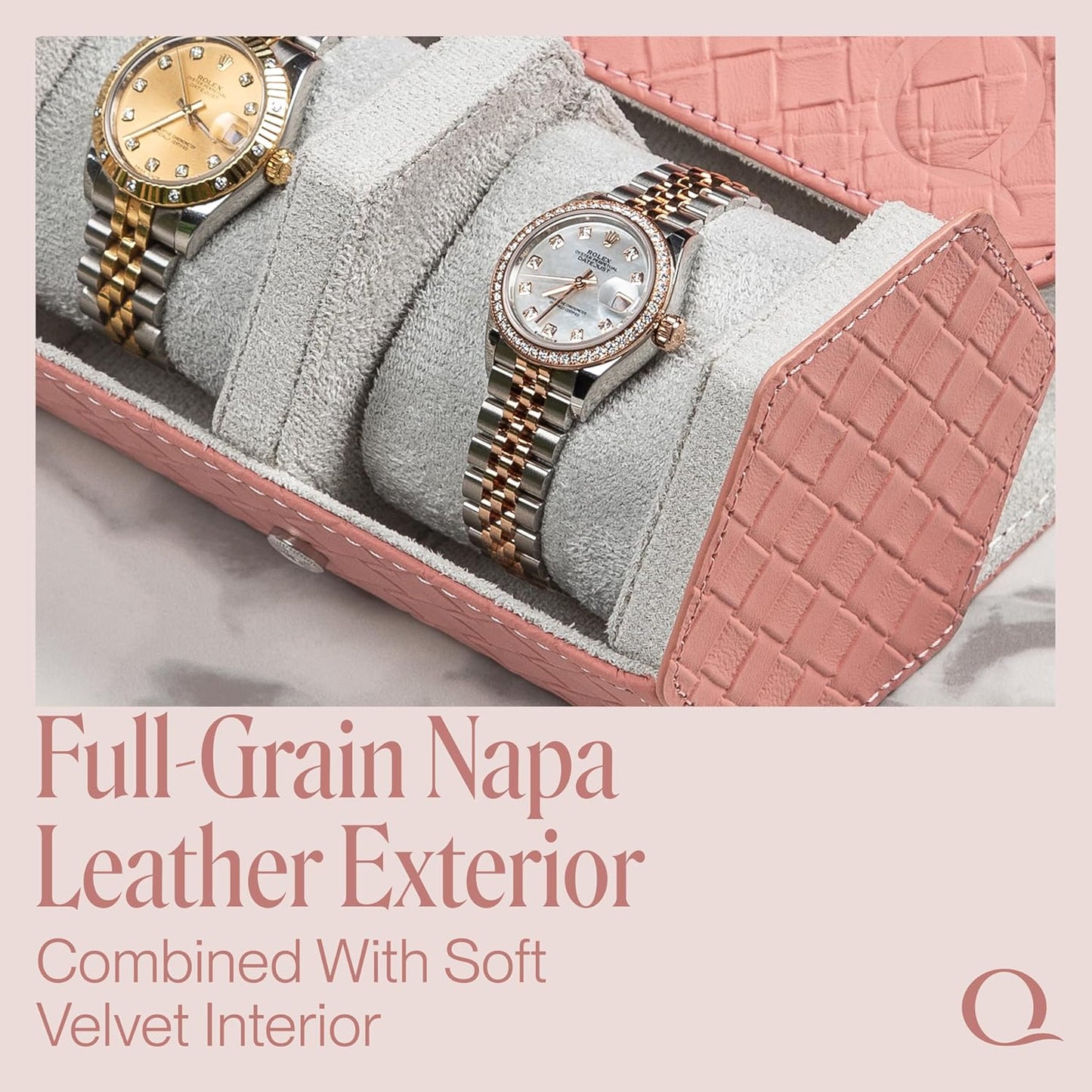 QWATCHBANDS Ladies Leather Watch Rolls for Women - Hexagon Triple Watch Roll Travel Case for 3 Watches - Storage Organizer Genuine Leather with Velvet Interior Display (Woven Pink/Gray)