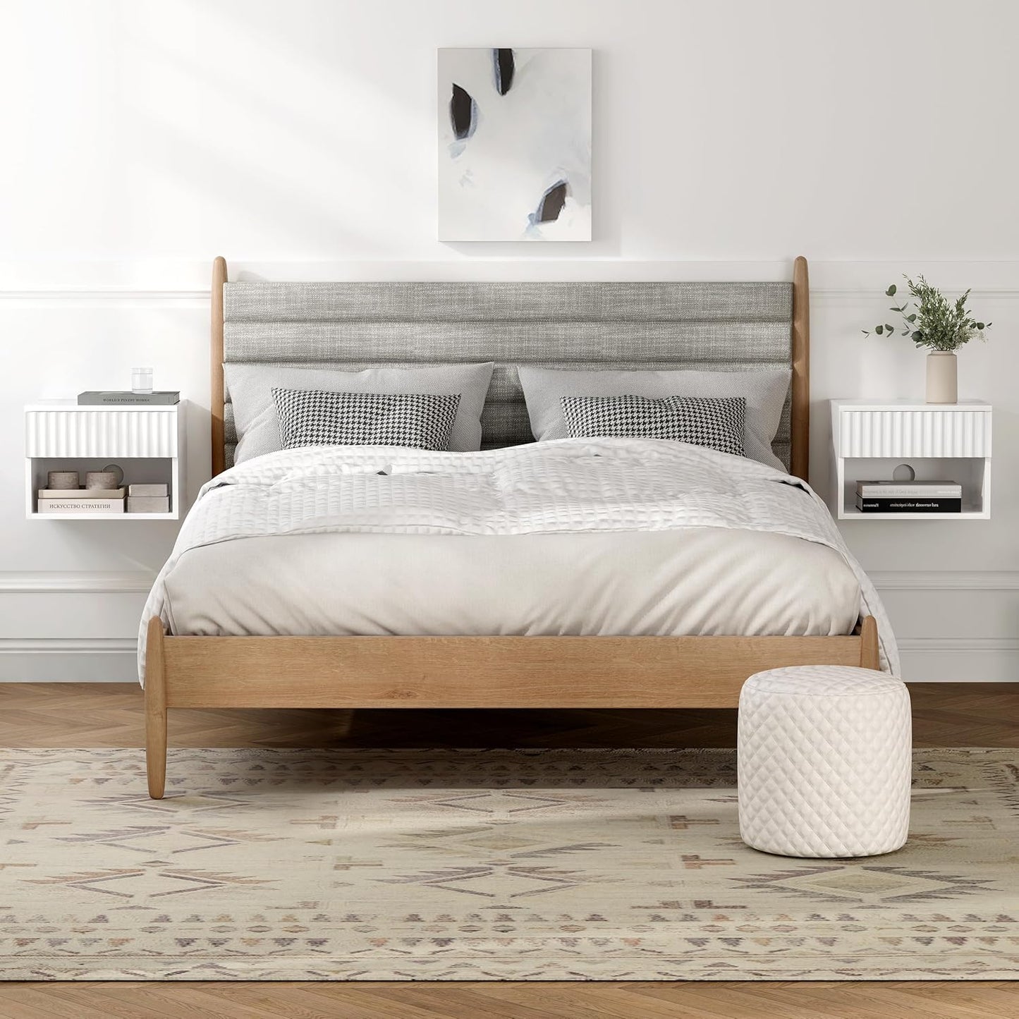 Floating Nightstands Set of 2 with Drawer and Open Shelf, Small Wall Mounted Bedside End Table, Modern Fluted Night Stand for Bedroom, Living Room, White