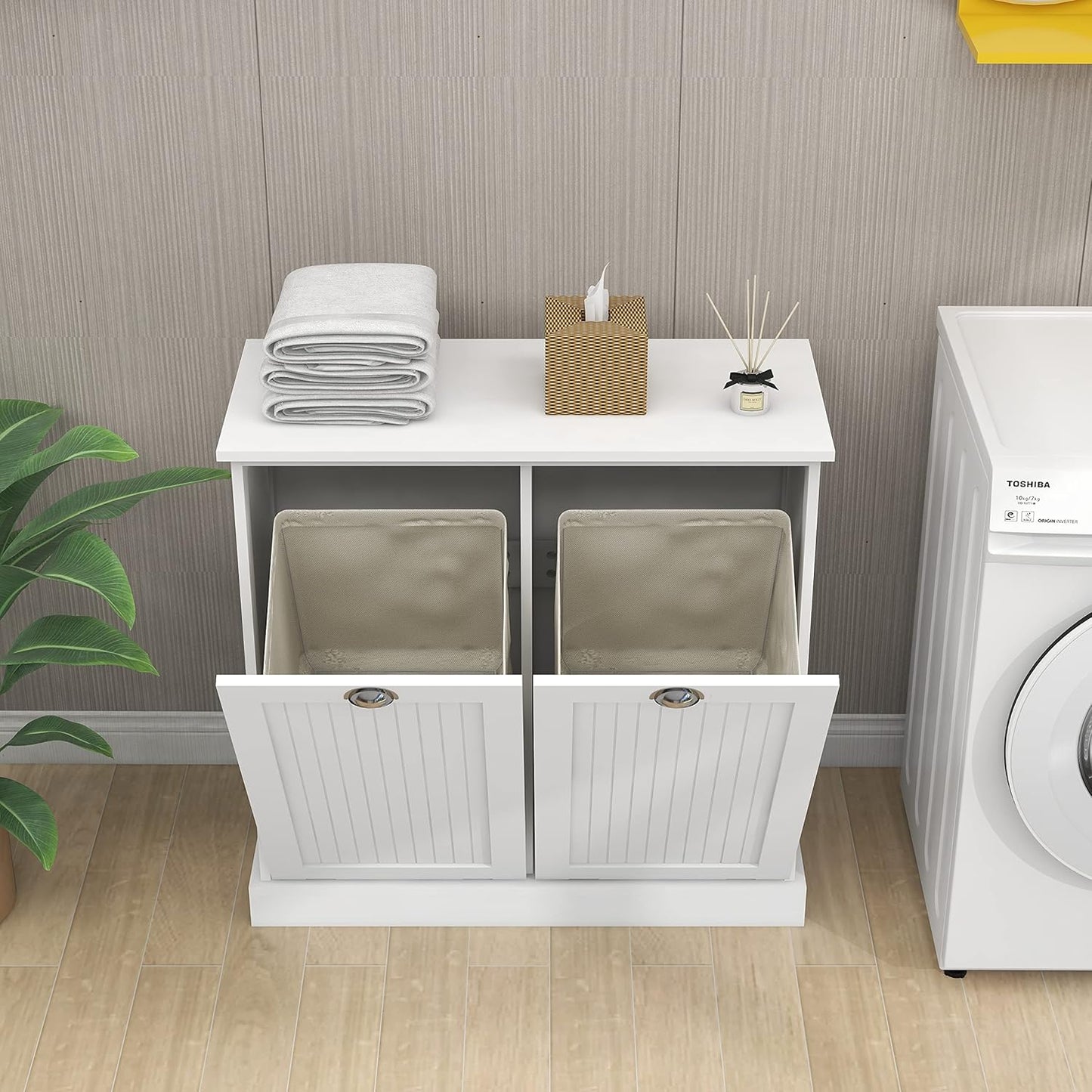 KEIKI Double Tilt-Out Laundry Hamper Cabinet with Removable Bags, Hidden Laundry Organizer for Bathroom or Laundry Room Cabinets, White