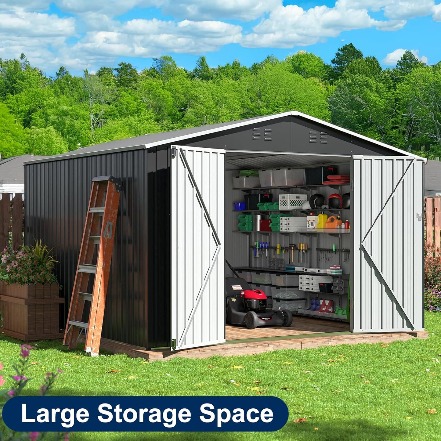 10x10 FT Storage Shed, Garden Shed with Updated Frame Structure and Lockable Doors, Metal Tool Sheds for Backyard Garden Patio Lawn, Grey