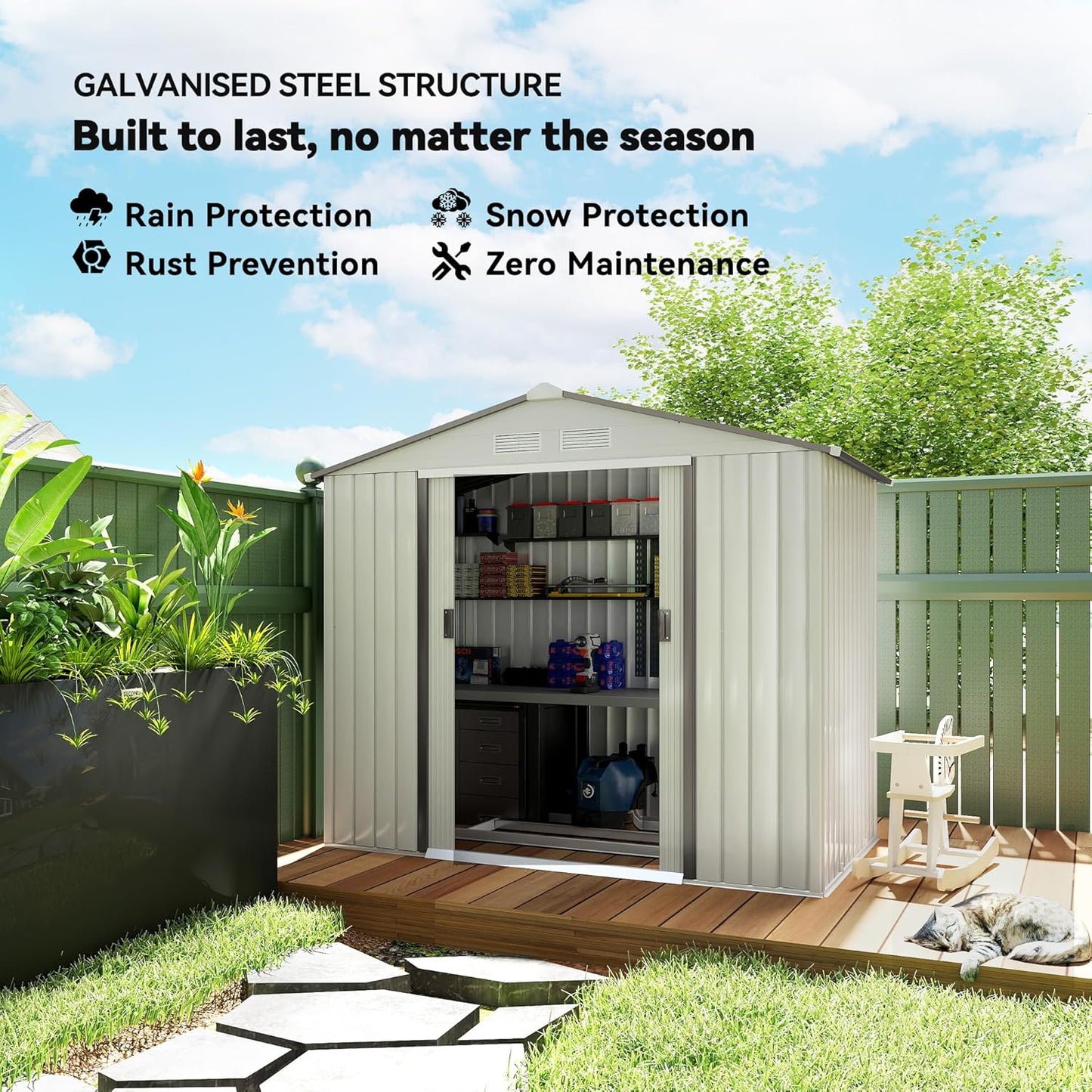 Outsunny 7' x 4' Outdoor Storage Shed, Garden Tool Metal Shed with Foundation Kit, Double Lockable Door, Air Vents and Sloping Roof, for Backyard, Patio, Lawn, White