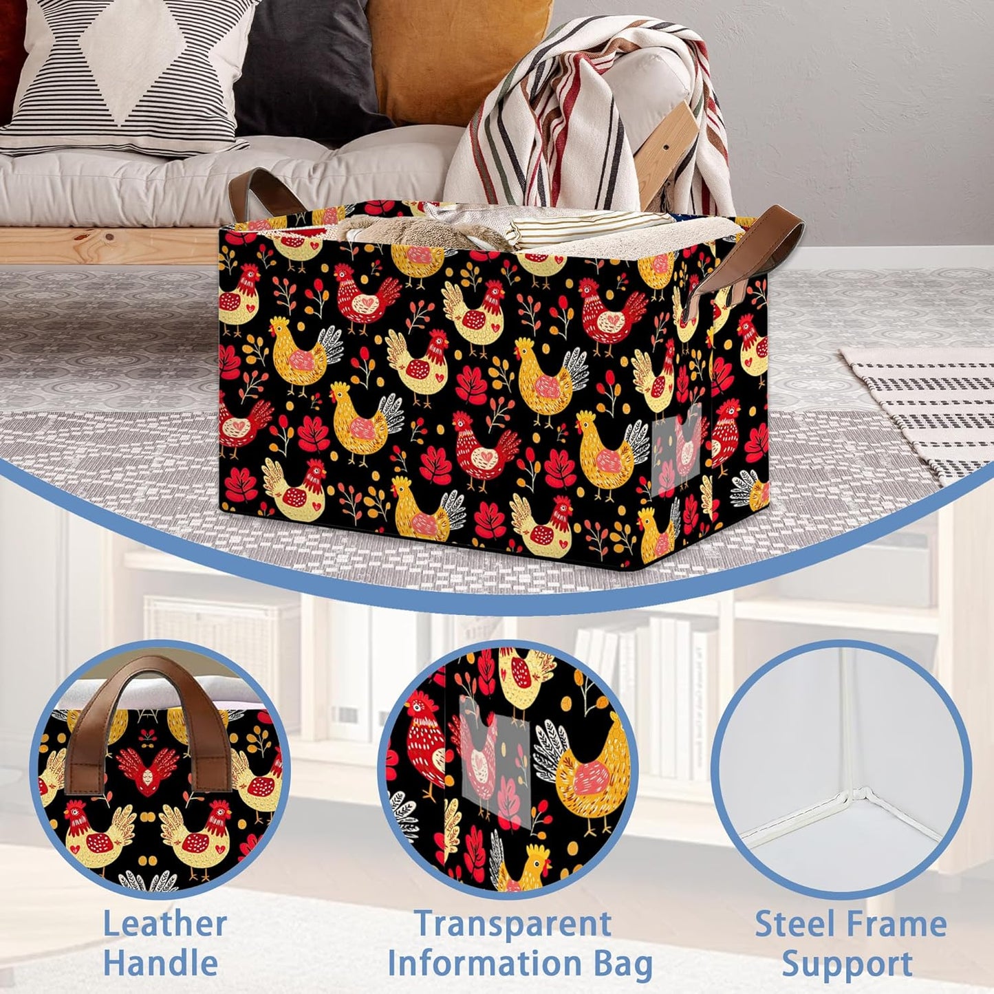 Cute Roosters Storage Basket,Leaf Collapsible Storage Bin Cubes for Living Room Bedroom Blankets Home Storage 17x11.5x10Inch