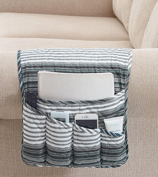 Brilliant Sunshine Multi Grey Stripes Patchwork Couch Armrest 5 Pockets Organizer, Slip Resistant Armchair Caddy, Washable Remote Controls Holder, Storage for Magazine, Tablet, Phone, iPad, Multi Grey